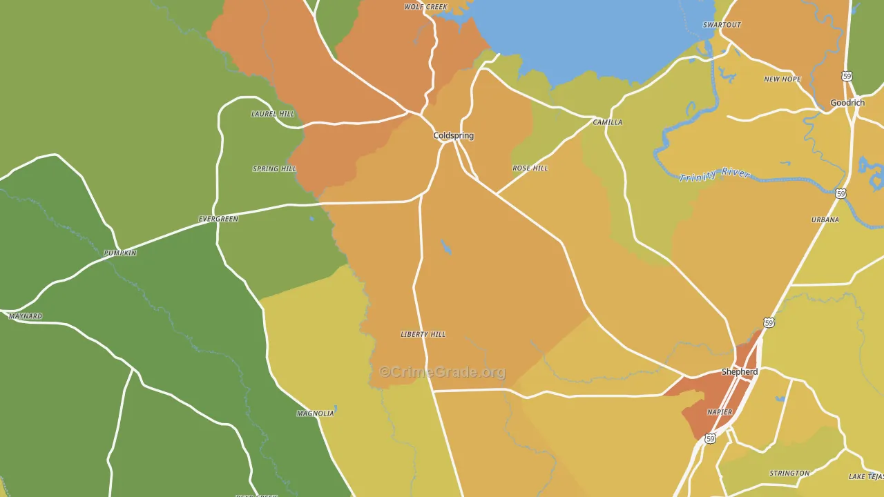San Jacinto County, TX Map of Burglary Rates