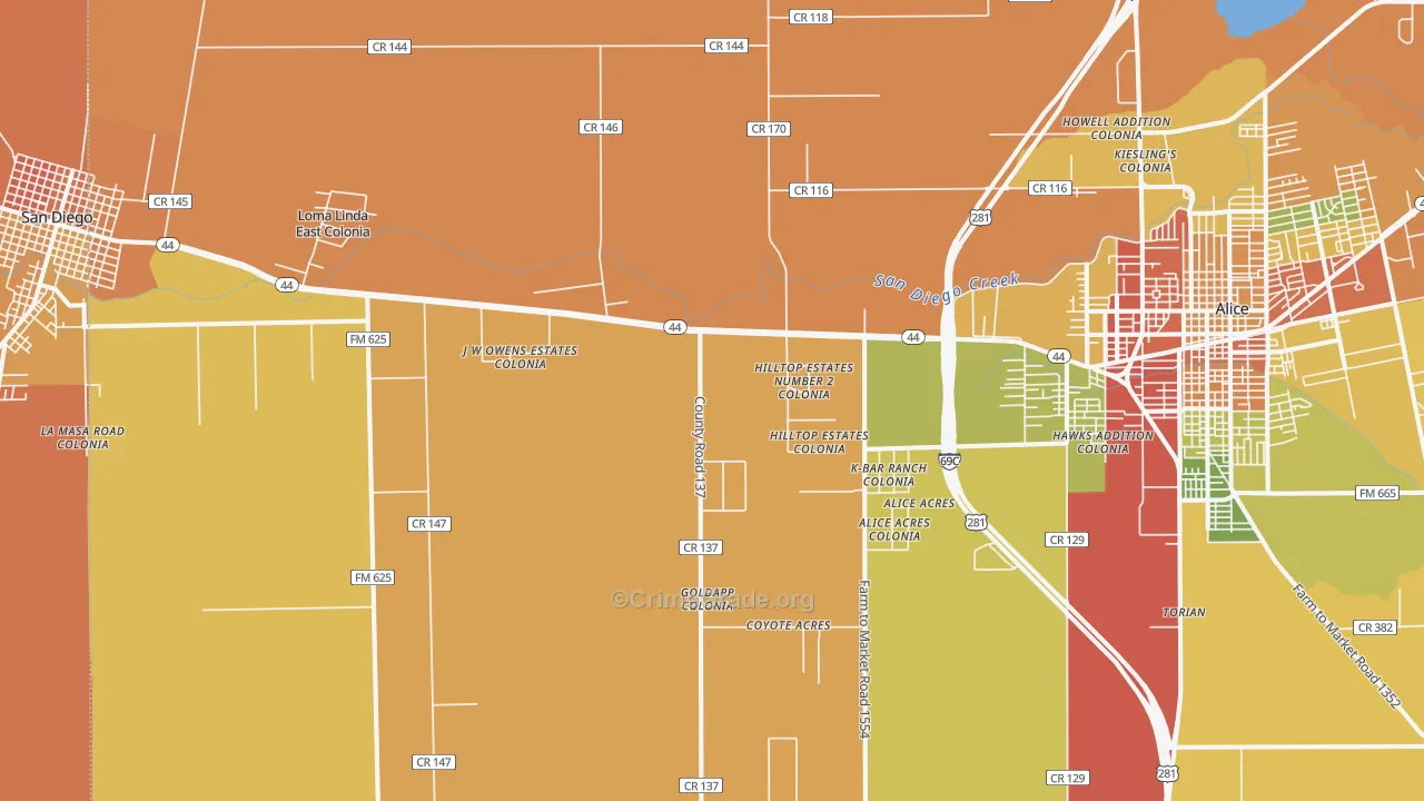 San Jose, TX Map of Burglary Rates