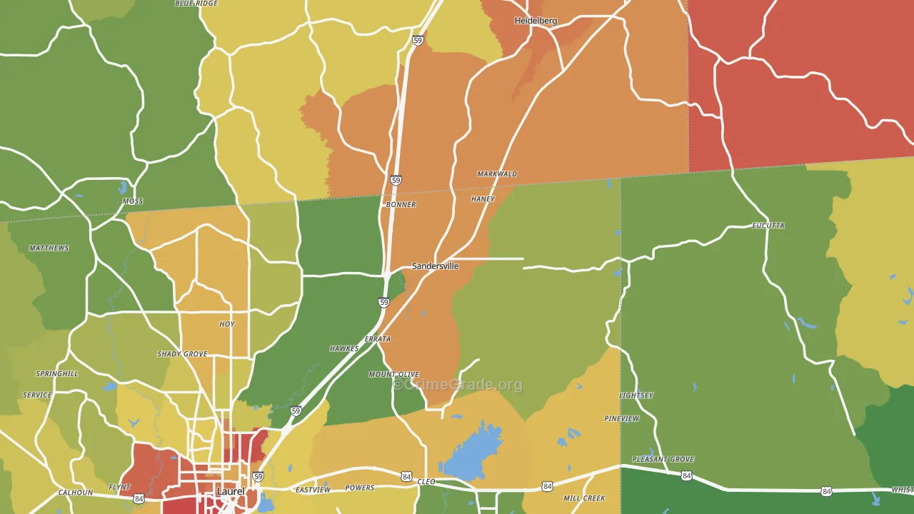 Sandersville, MS Map of Burglary Rates