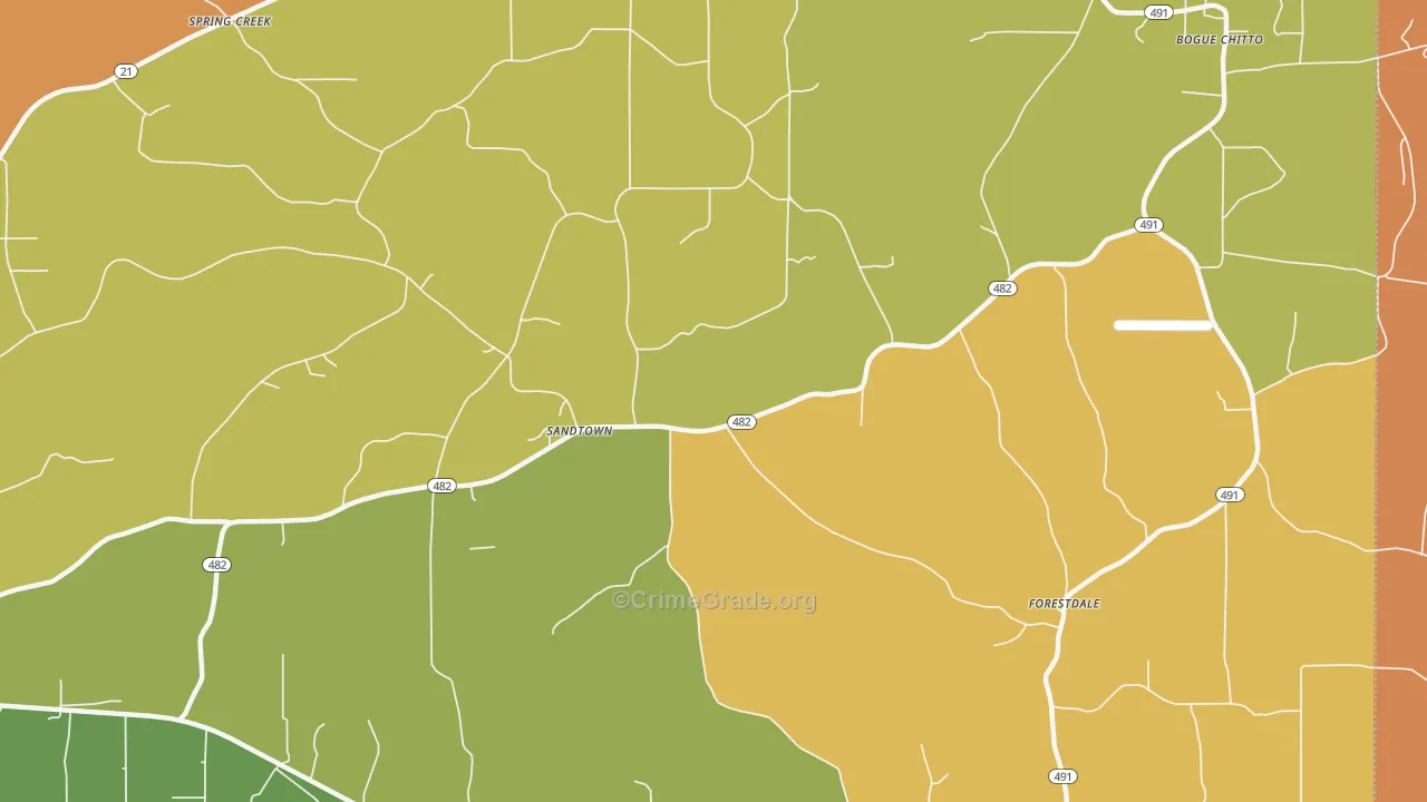Sandtown, MS Map of Burglary Rates