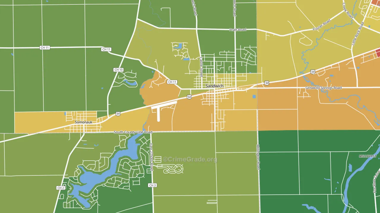 Sandwich, IL Map of Burglary Rates