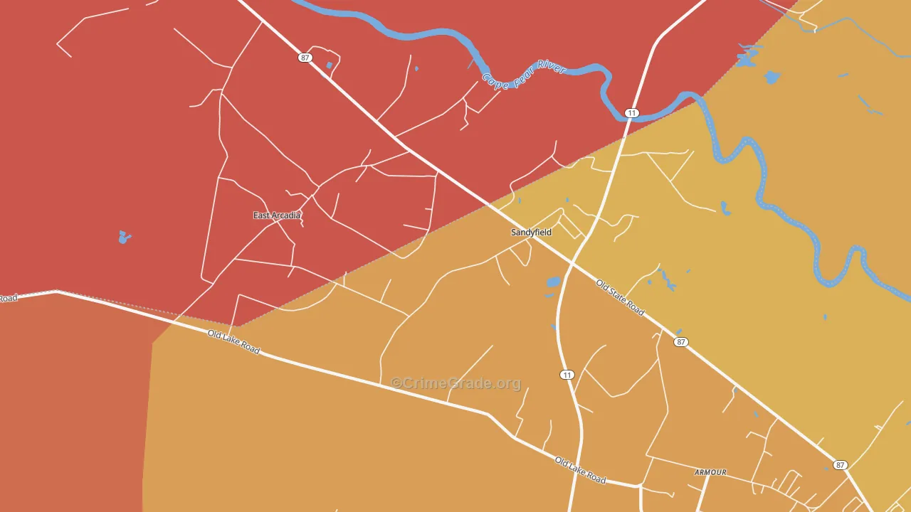 Sandyfield, NC Map of Burglary Rates
