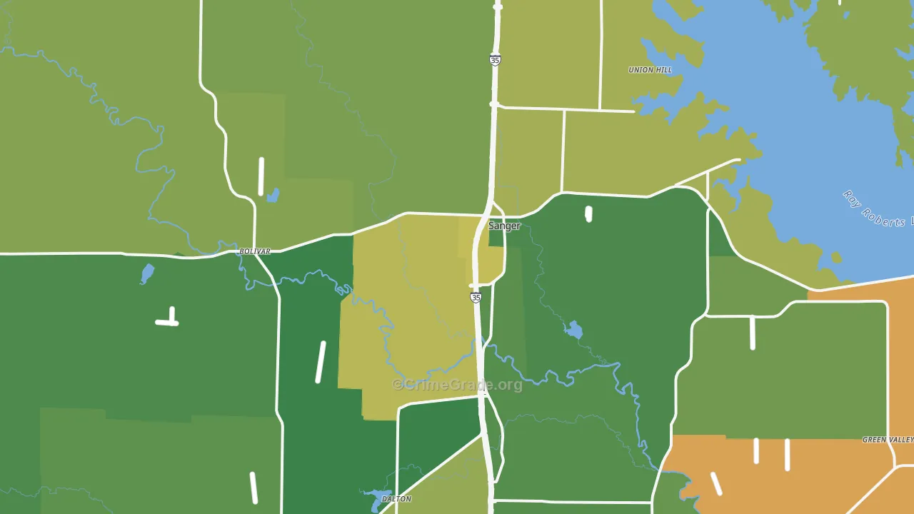 Sanger, TX Map of Burglary Rates