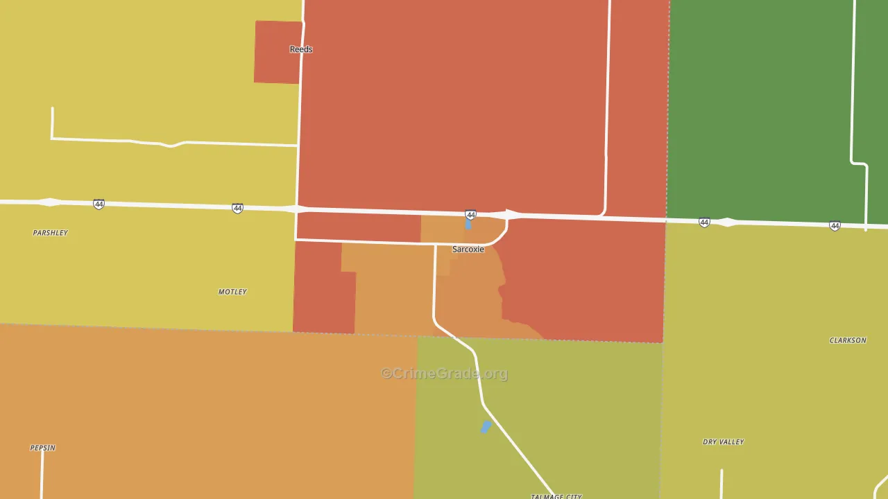 Sarcoxie, MO Map of Burglary Rates