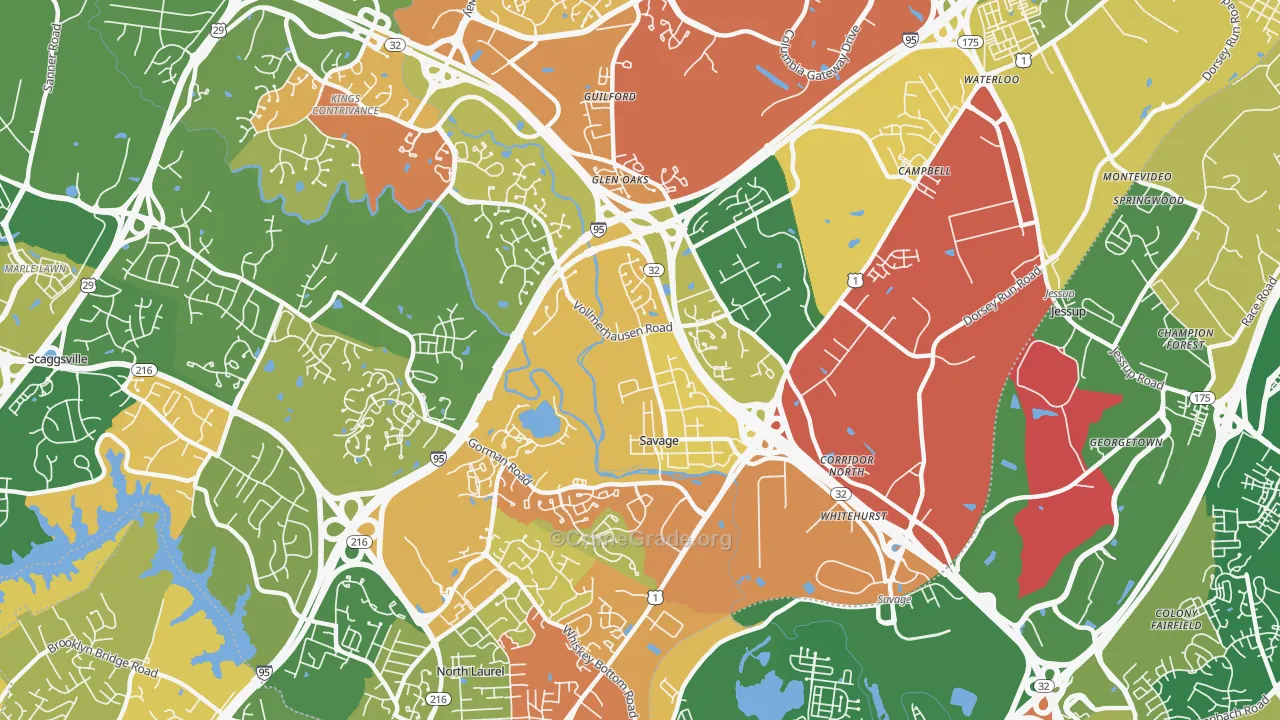 Savage-Guilford, Laurel, MD Map of Burglary Rates