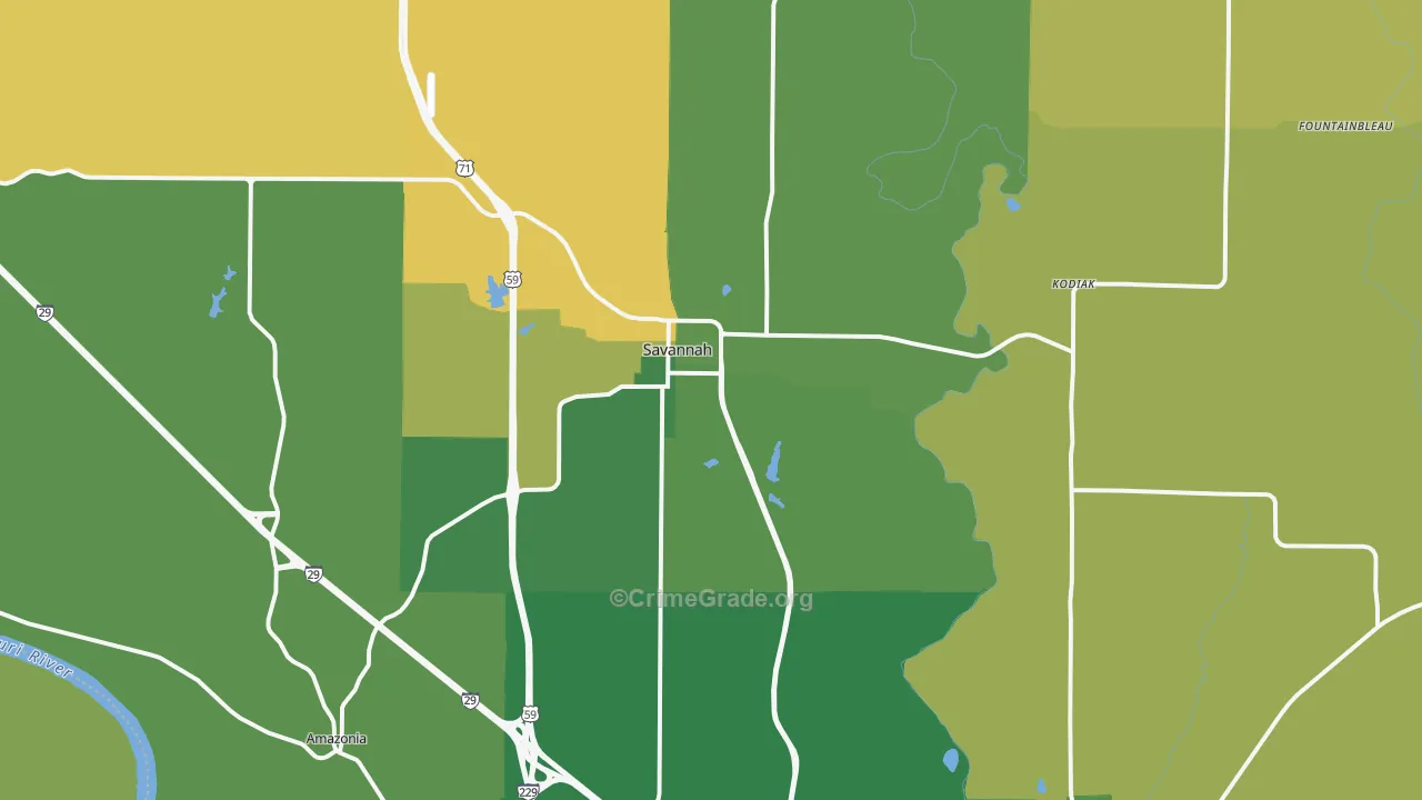 Savannah, MO Map of Burglary Rates