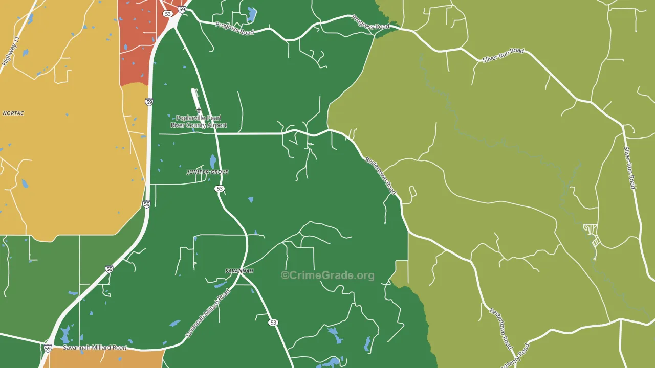 Savannah, MS Map of Burglary Rates