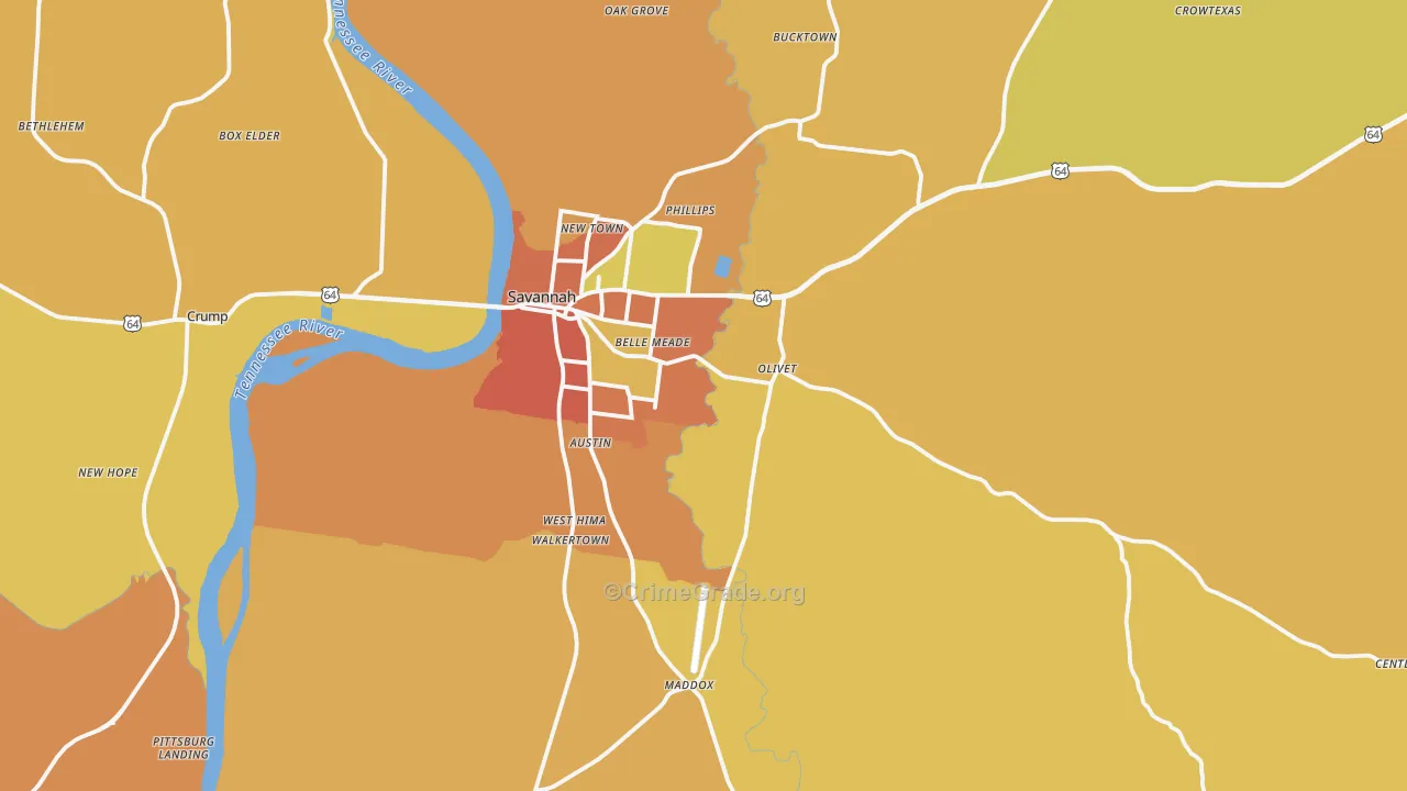 Savannah, TN Map of Burglary Rates