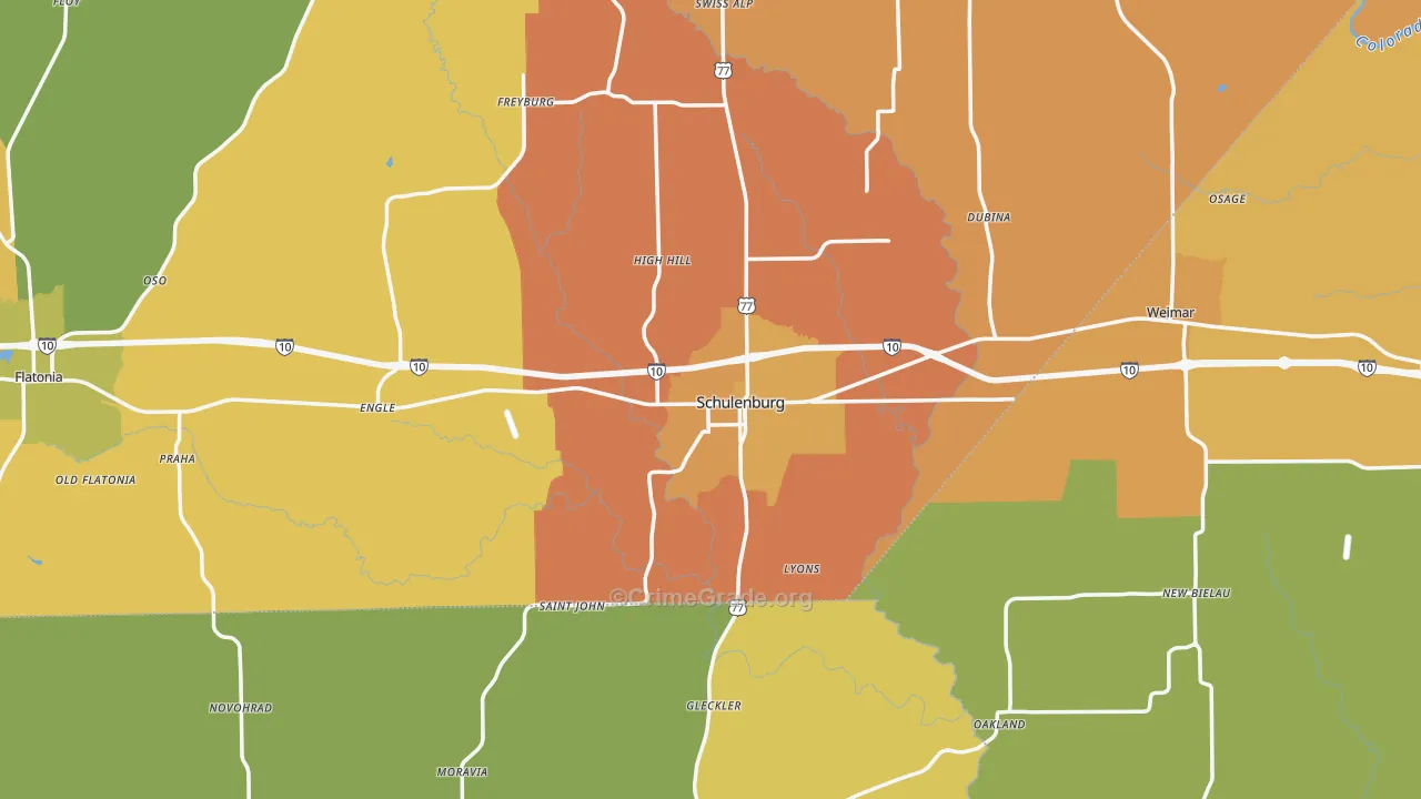 Schulenburg, TX Map of Burglary Rates