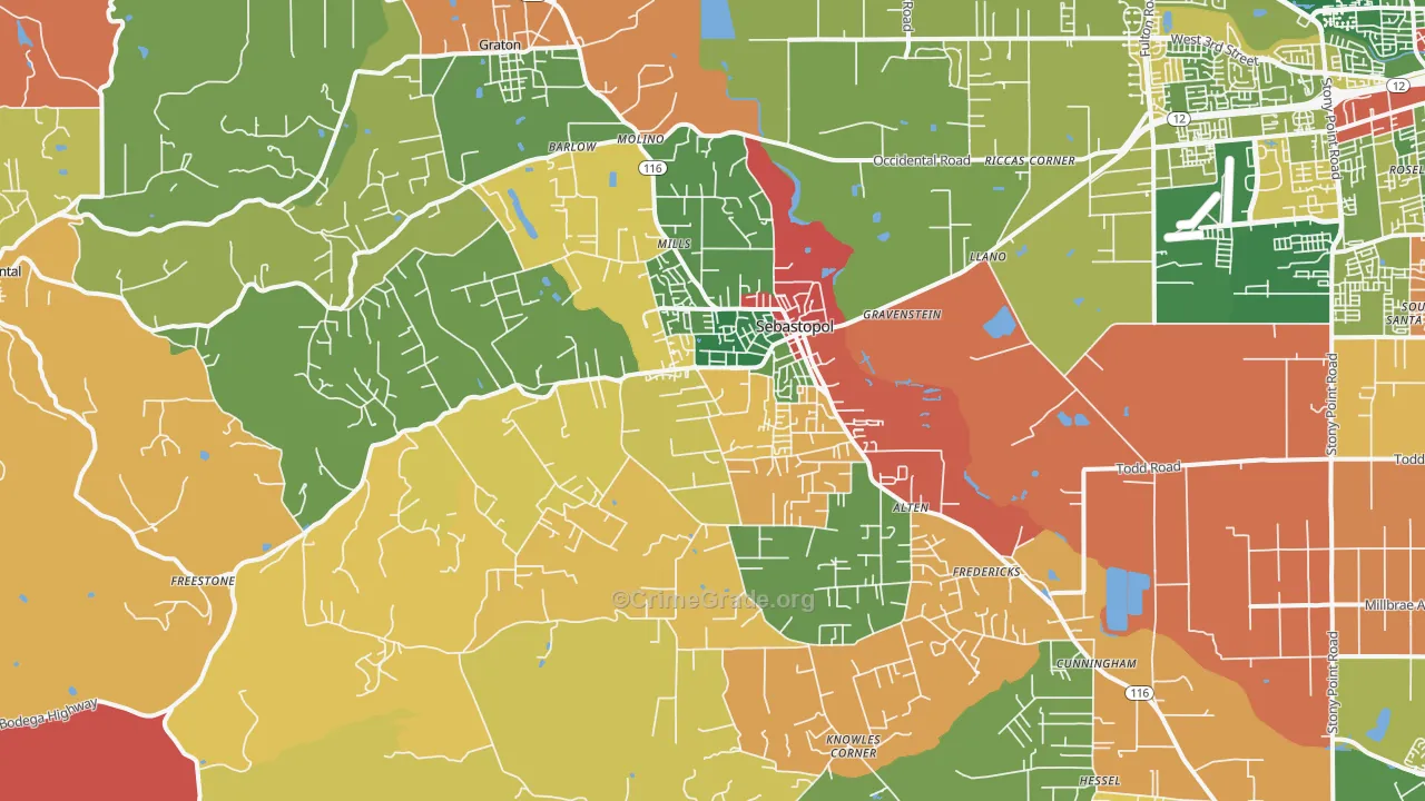 Sebastopol, CA Map of Burglary Rates