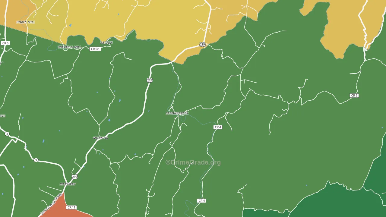 Secondcreek, WV Map of Burglary Rates