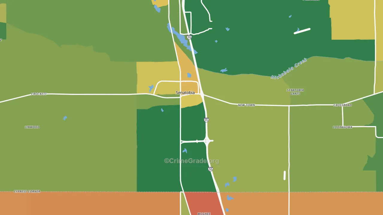 Senatobia, MS Map of Burglary Rates