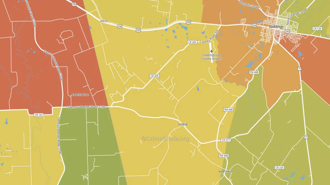 Serbin, TX Map of Burglary Rates