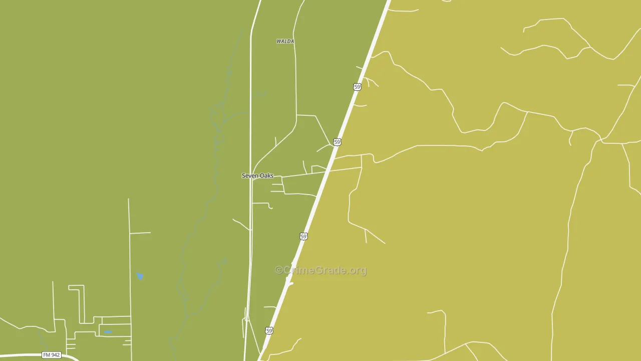 Seven Oaks, TX Map of Burglary Rates