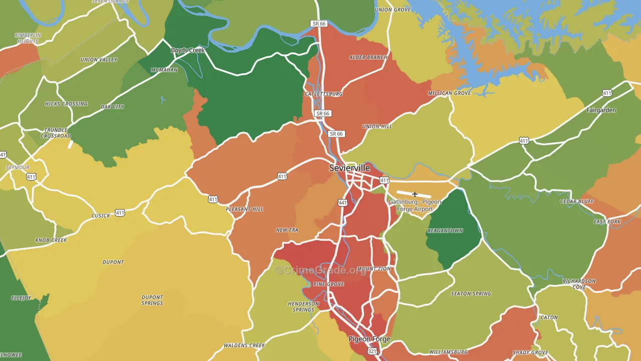 Sevier County, TN Map of Burglary Rates