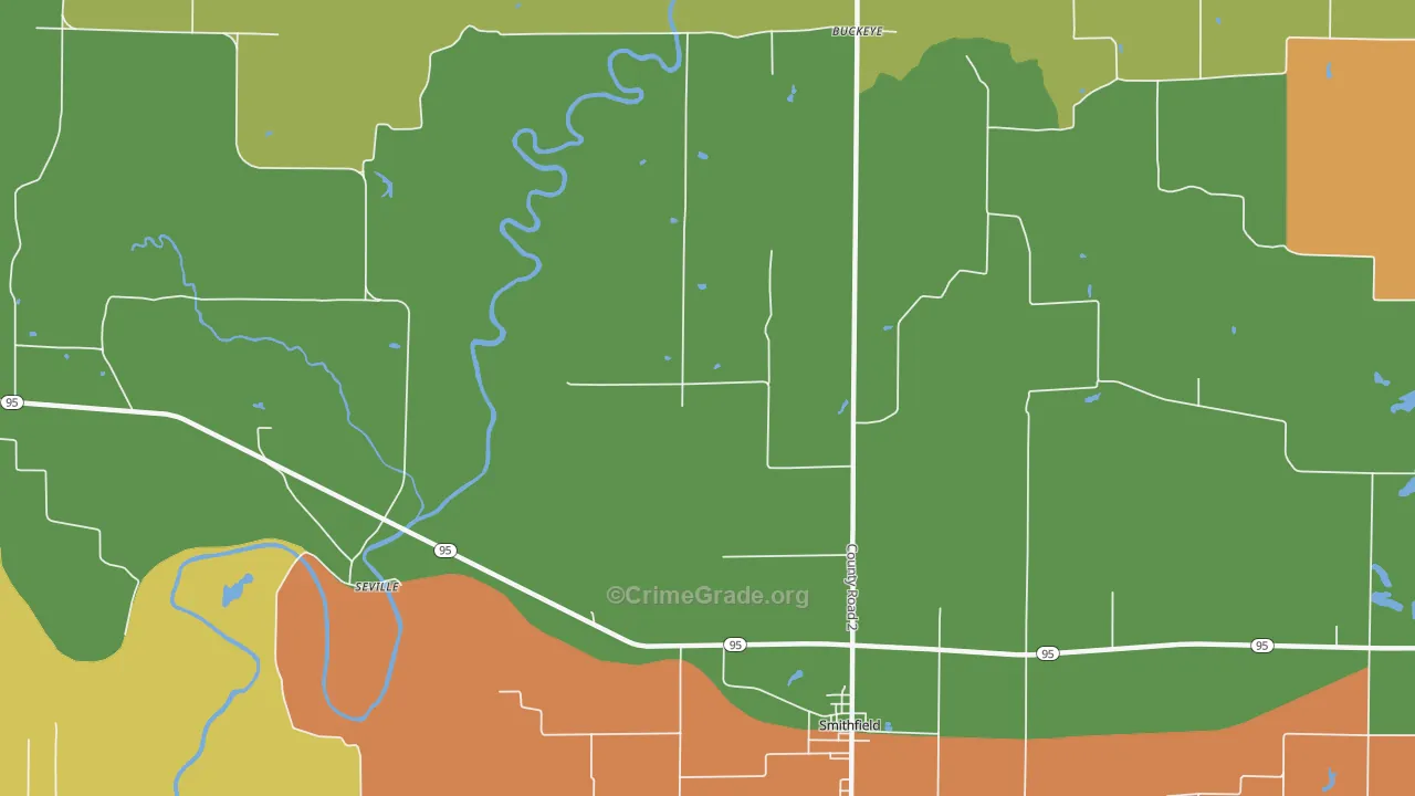 Seville, IL Map of Burglary Rates