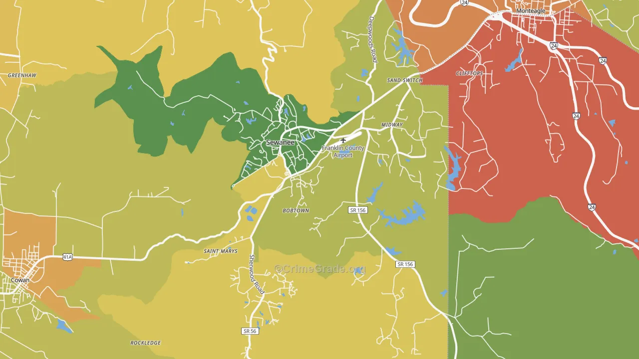Sewanee, TN Map of Burglary Rates
