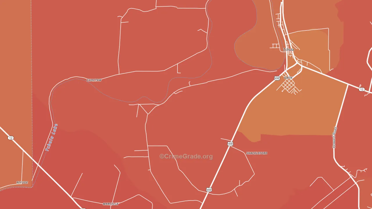 Shackleford, MS Map of Burglary Rates