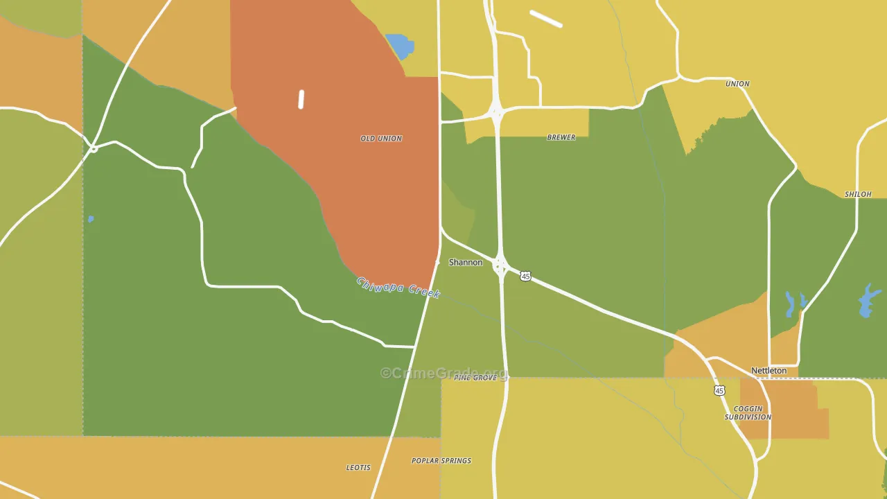 Shannon, MS Map of Burglary Rates