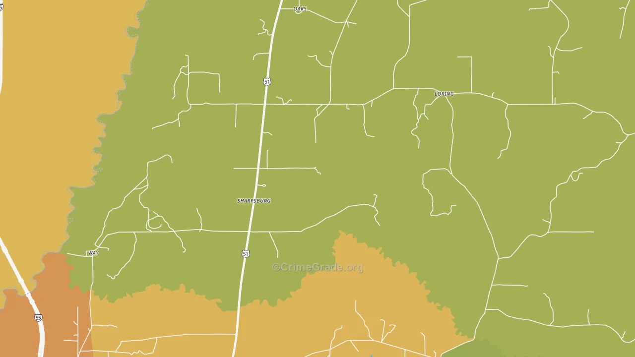 Sharpsburg, MS Map of Burglary Rates
