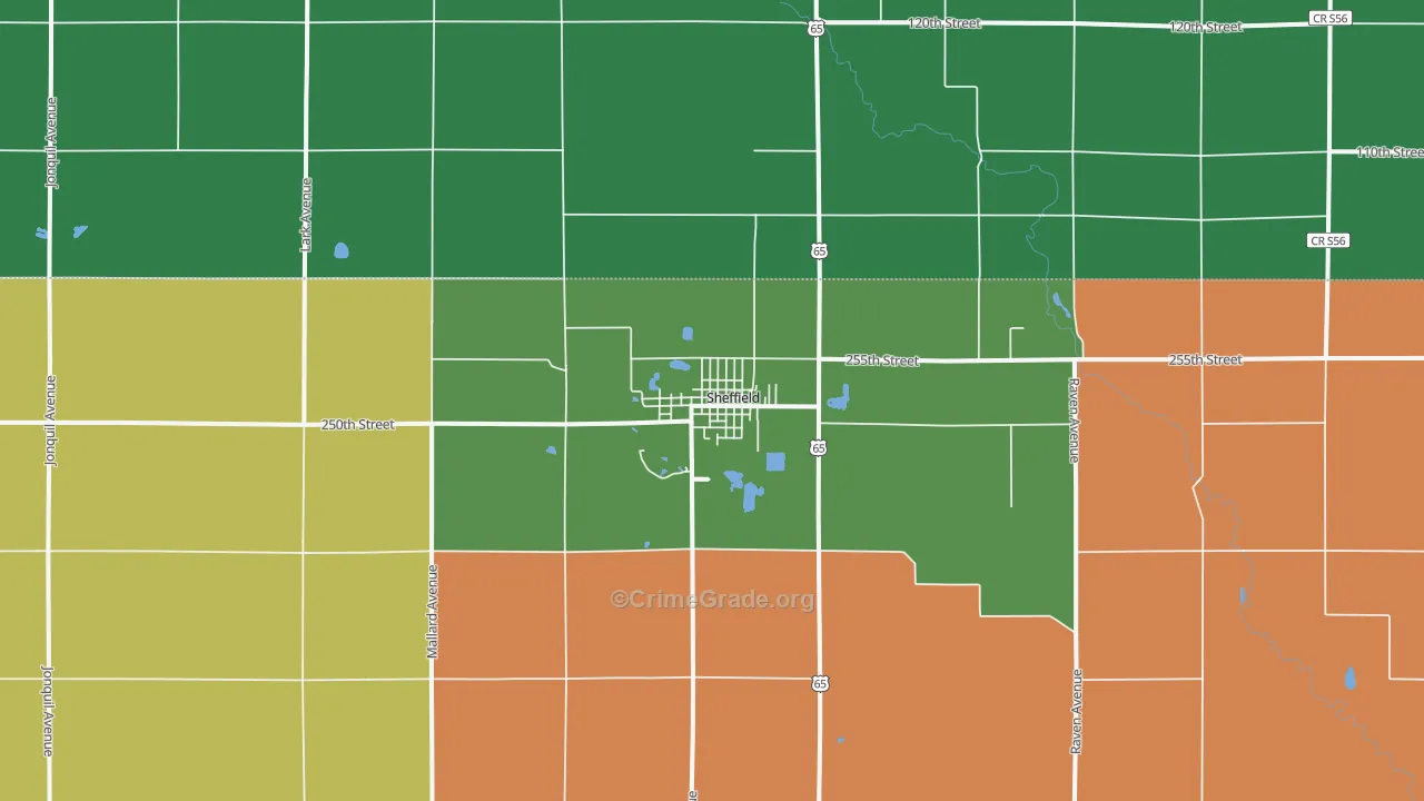 Sheffield, IA Map of Burglary Rates