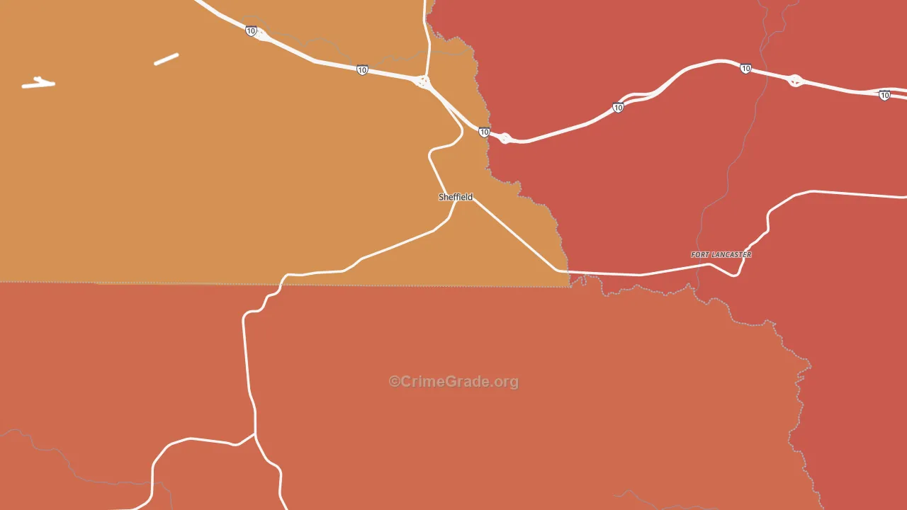 Sheffield, TX Map of Burglary Rates