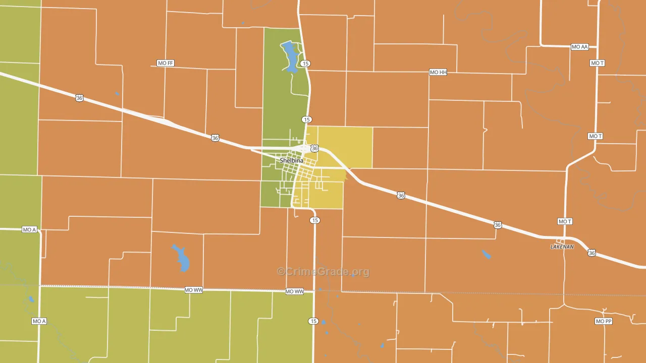 Shelbina, MO Map of Burglary Rates