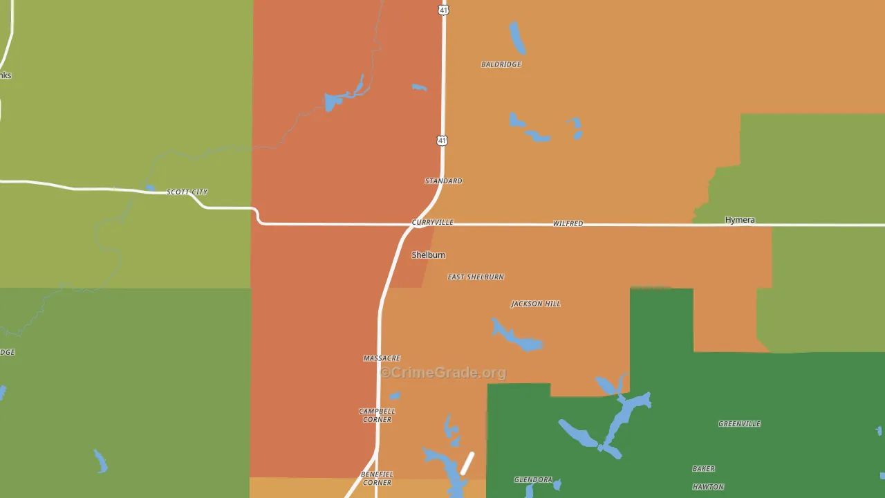 Shelburn, IN Map of Burglary Rates
