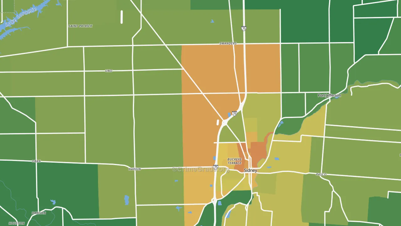 Shelby County, OH Map of Burglary Rates