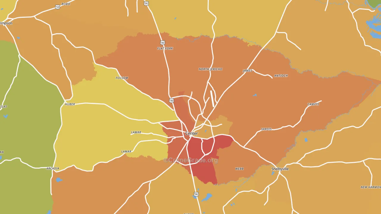 Shelby County, TX Map of Burglary Rates