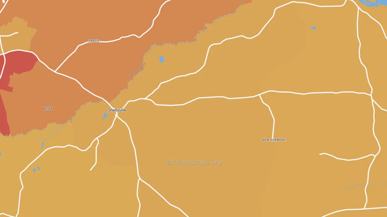 Shelbyville, TX Map of Burglary Rates