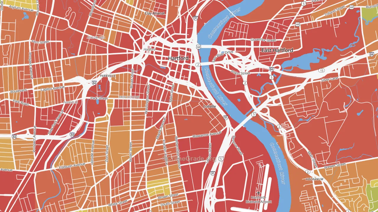 Sheldon Charter Oak, Hartford, CT Map of Burglary Rates