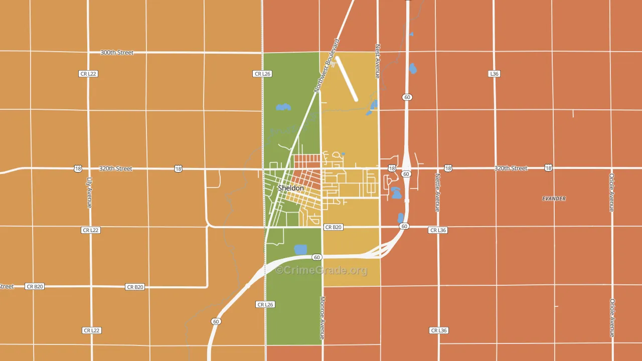 Sheldon, IA Map of Burglary Rates