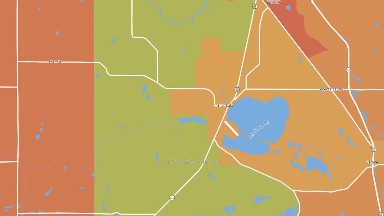 Shell Lake, WI Map of Burglary Rates