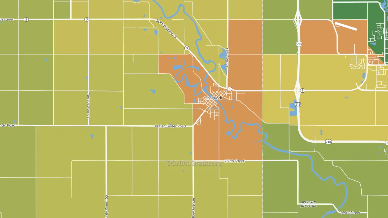 Shell Rock, IA Map of Burglary Rates
