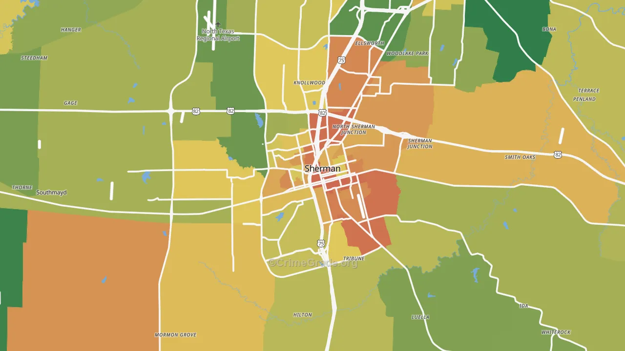 Sherman, TX Map of Burglary Rates