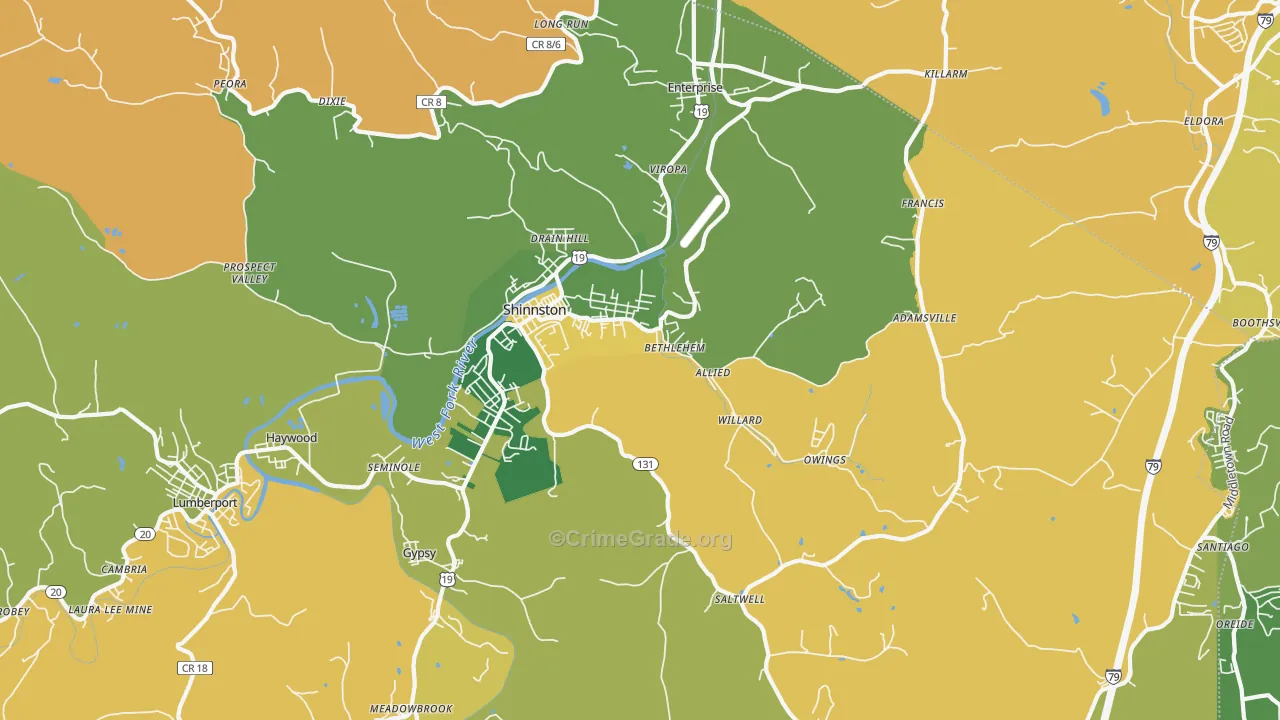 Shinnston, WV Map of Burglary Rates