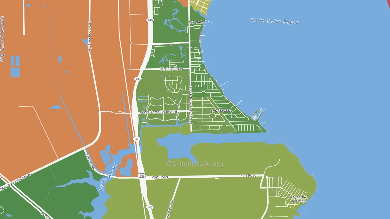 Shoreacres, TX Map of Burglary Rates