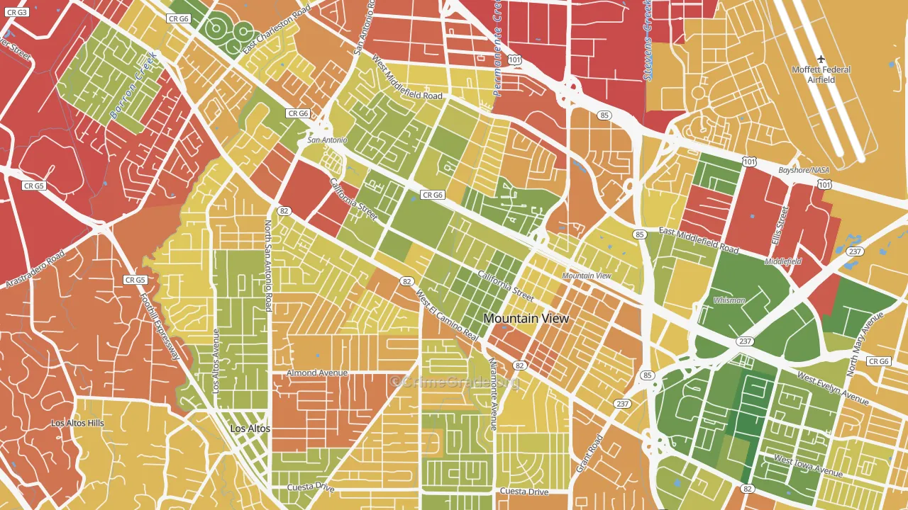 Shoreline West, Mountain View, CA Map of Burglary Rates
