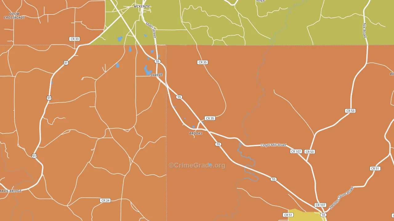 Shreve, AL Map of Burglary Rates