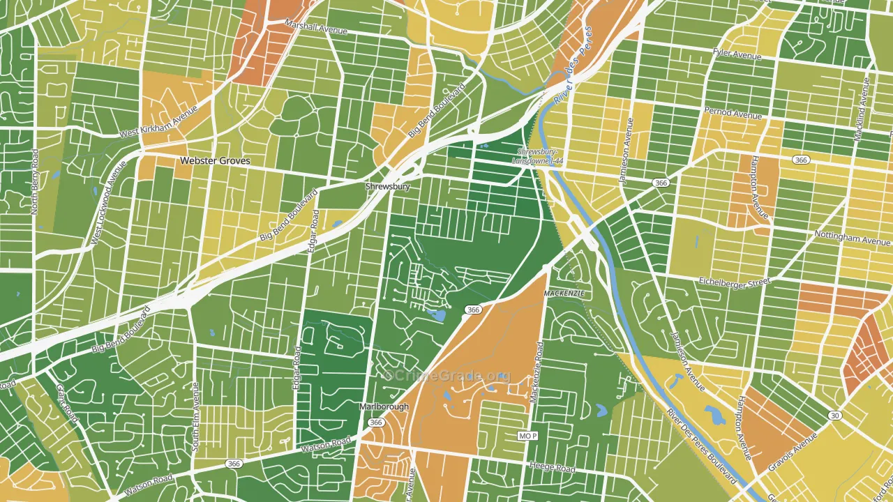Shrewsbury, MO Map of Burglary Rates