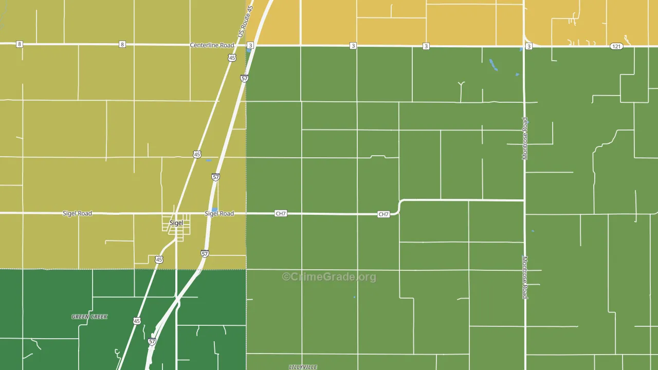 Sigel, IL Map of Burglary Rates