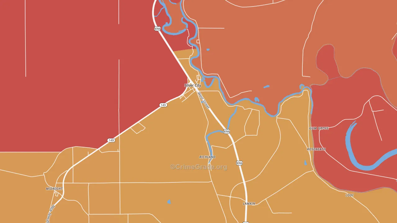 Silver City, MS Map of Burglary Rates