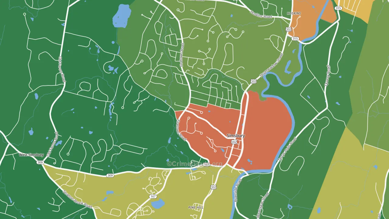 Simsbury Center, CT Map of Burglary Rates