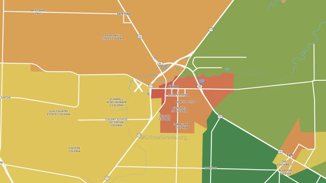 Sinton, TX Map of Burglary Rates