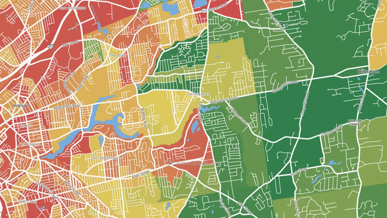 Sixteen Acres, Springfield, MA Map of Burglary Rates