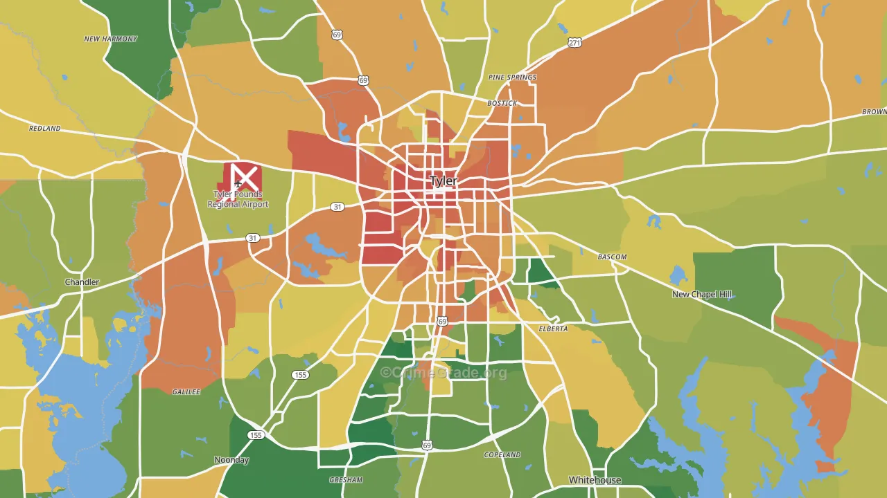 Smith County, TX Map of Burglary Rates