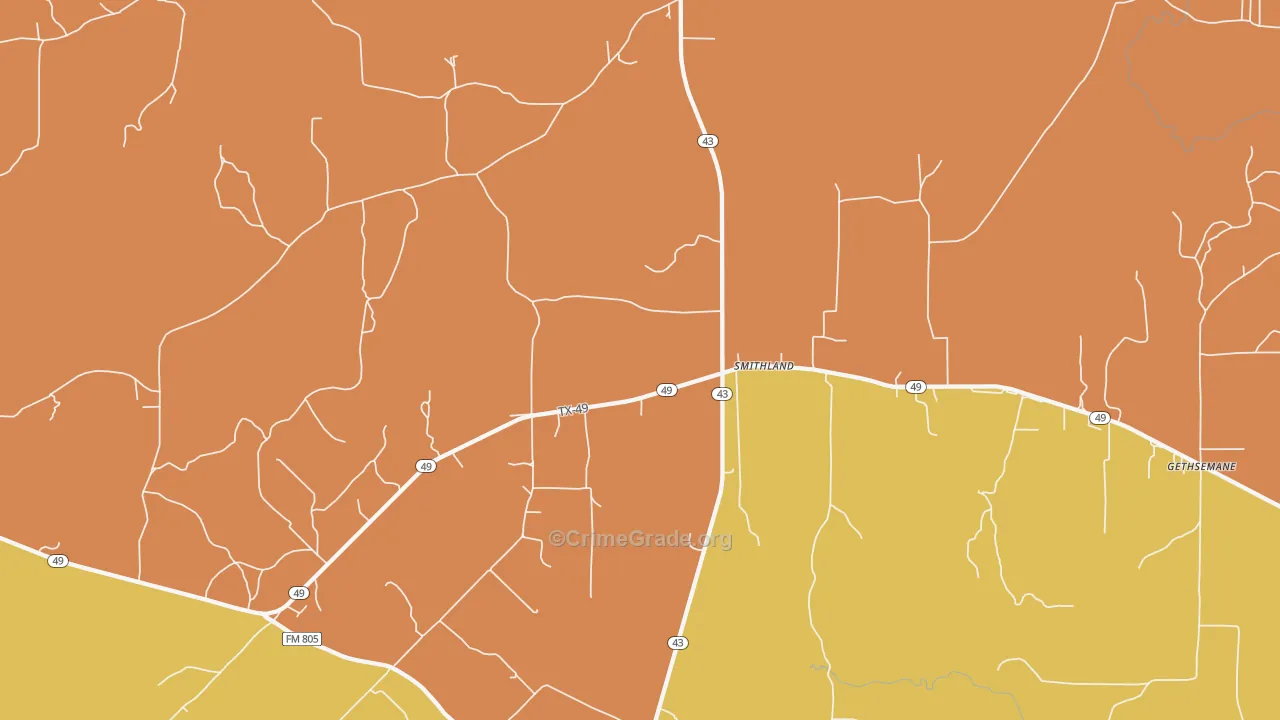 Smithland, TX Map of Burglary Rates
