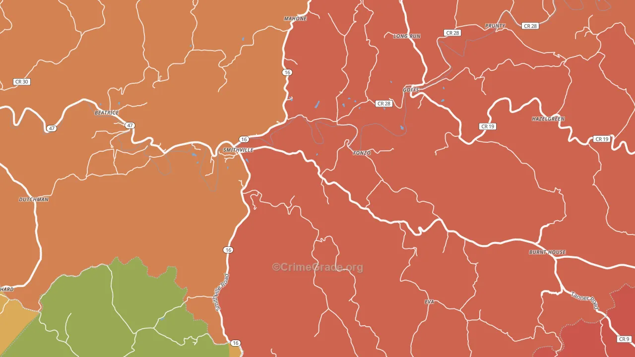 Smithville, WV Map of Burglary Rates