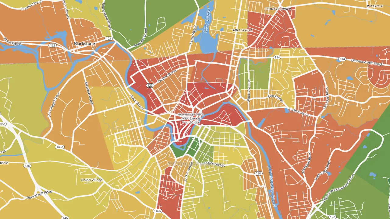 Social, Woonsocket, RI Map of Burglary Rates